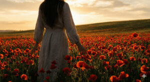 Kvinna som står i ett fält av röda blommor.