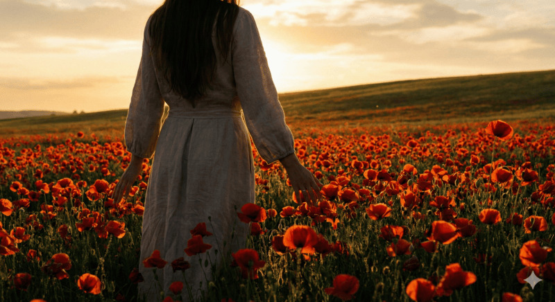Kvinna som står i ett fält av röda blommor.