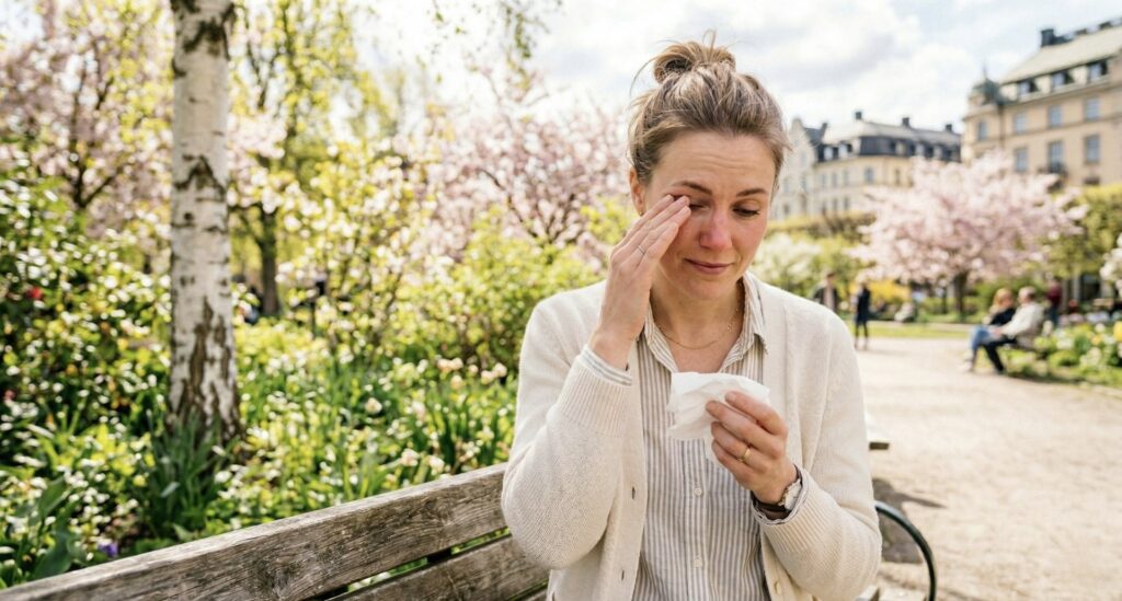Kvinna sitter på en parkbänk under blommande träd och torkar tårar med en näsduk, med röd näsa och irriterade ögon som tyder på pollenallergi.